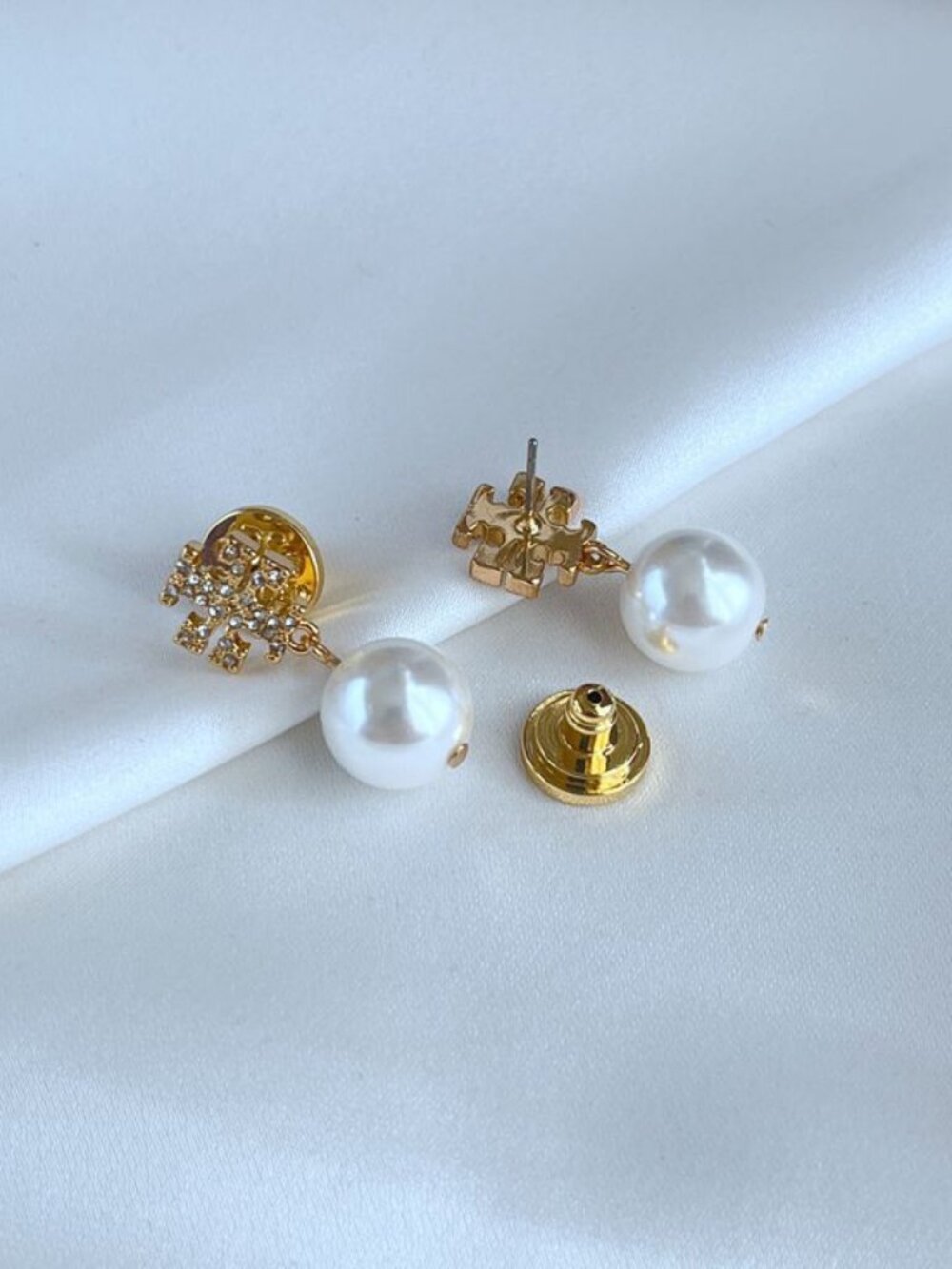 Tory Burch Gold‑Tone Crystal Logo Pearl Drop Stud Earrings